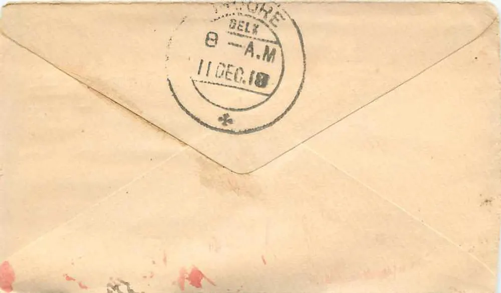 Estado de Gwalior — Indore — 11 de dezembro de 1918 — selo e carimbo de Indore - Verso