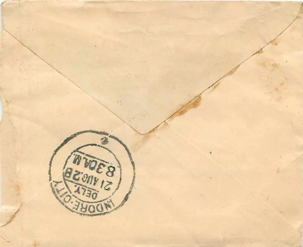 Carta postal de Jatwalior — selo de uma anna — destinada a Indore - Verso