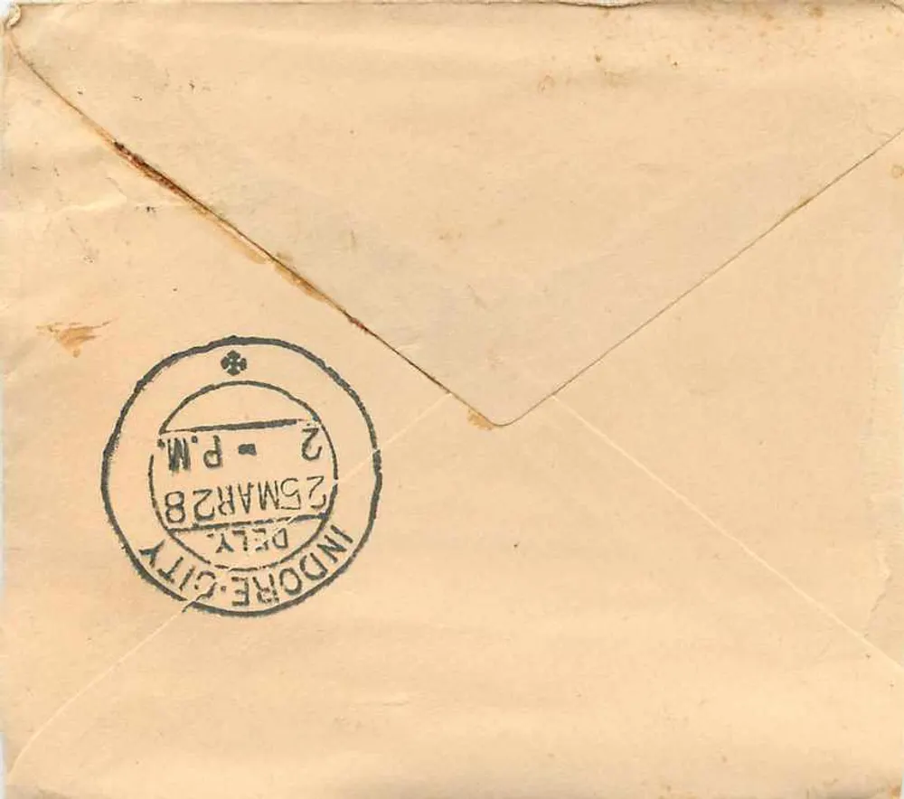 Cidade de Indore — carta postal destinada a Bachhraj — selo da Índia de 3 Anna - Verso