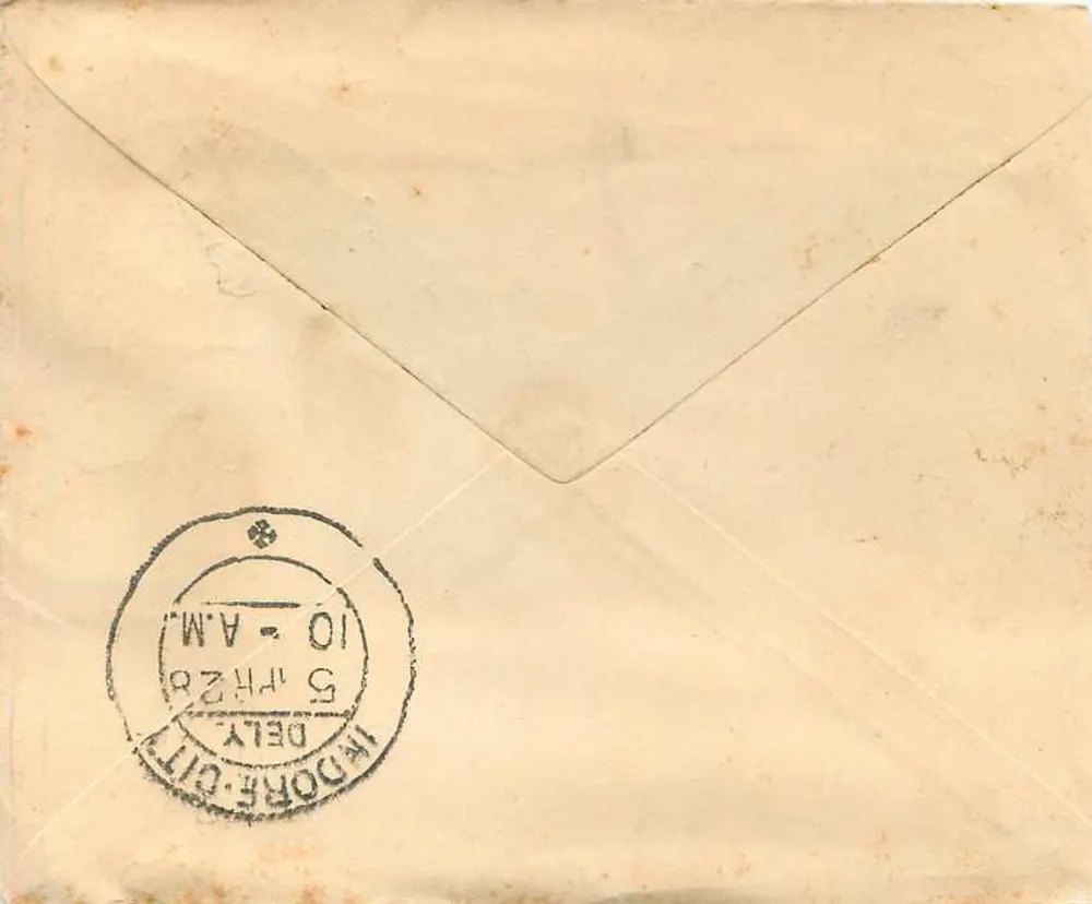 Carta postal de Delhi para Indore — selo de um anna e carimbo de Delhi - Verso