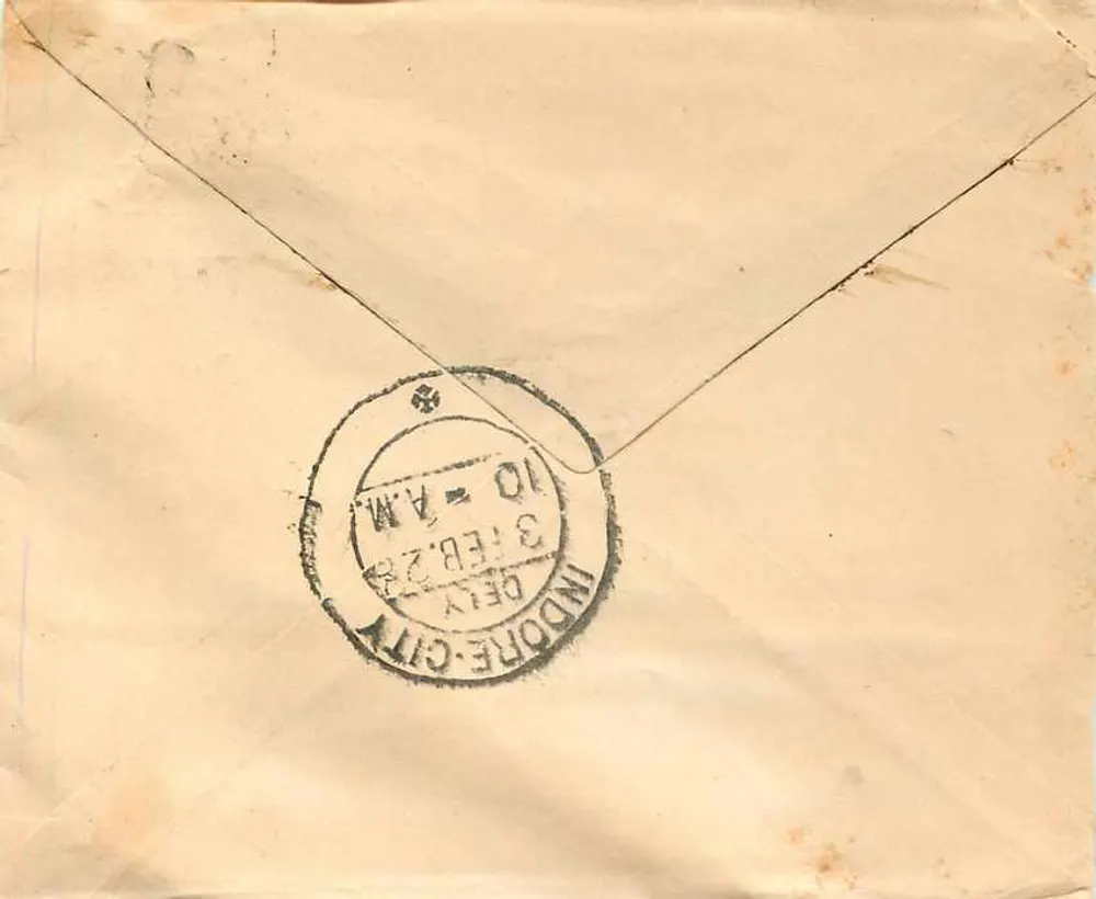 Indore City — postcard to Bagatraniji Bakhshrajji — publisher unknown - Back