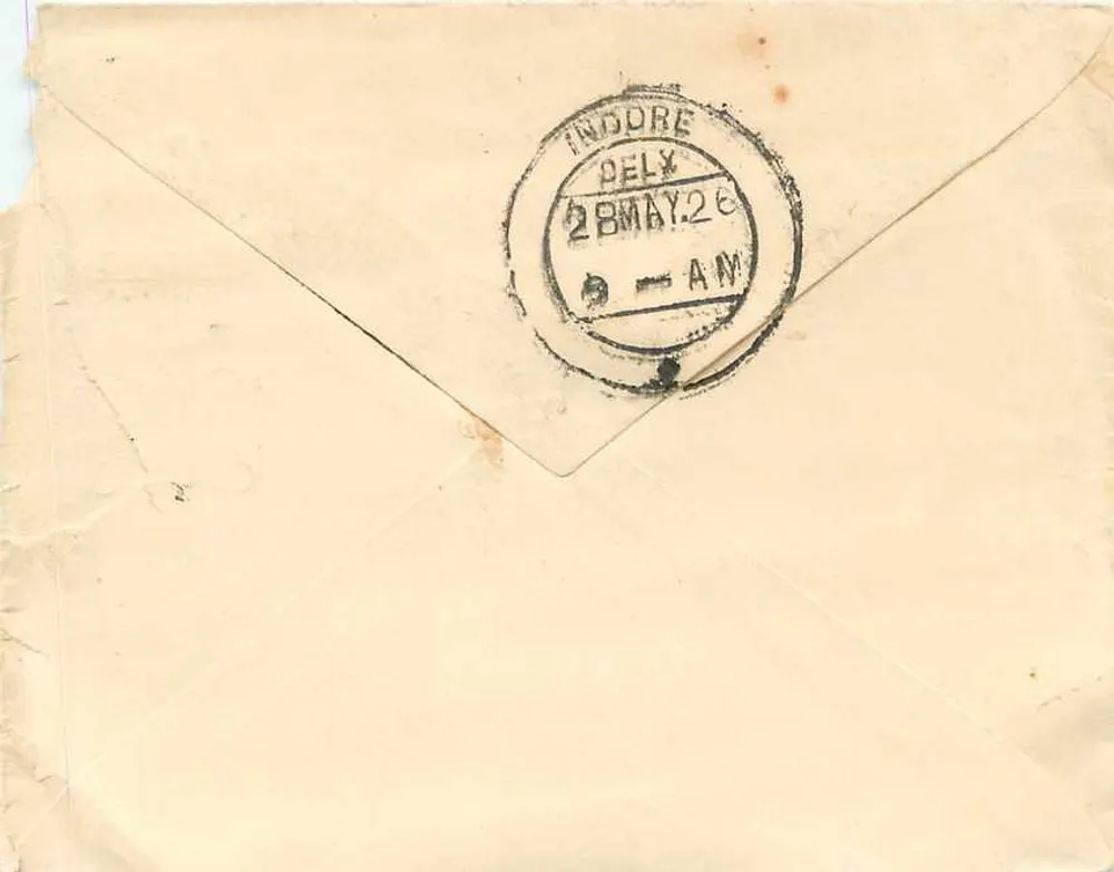 Indore — Carta para Bagatranji em Indore — Selo da Índia de 1926 - Verso