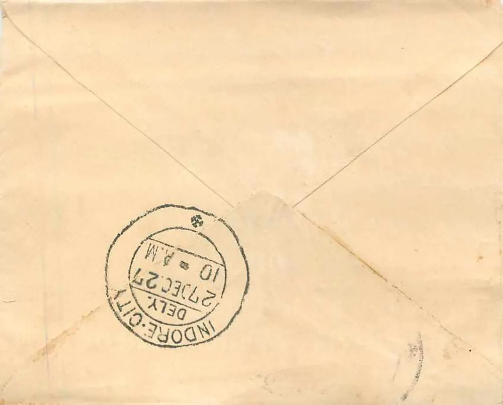 Indore city — postcard to Bagatramji Bachhraj — publisher unknown - Back