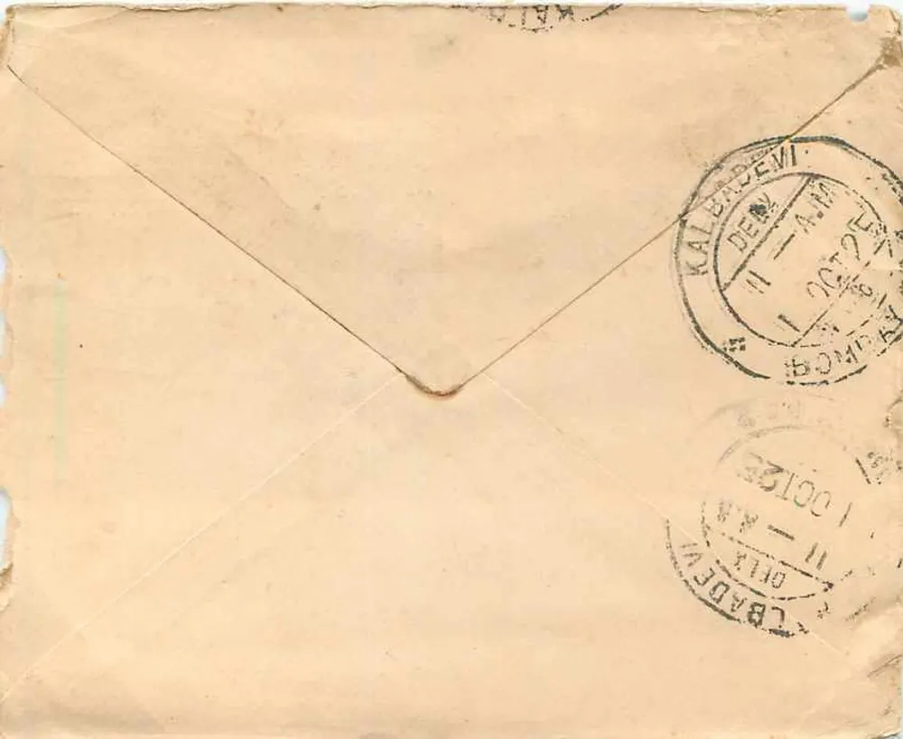 Bombay — Calcutta — Sujeto manuscrito em escrita devanagari — selo de diretório real - Verso
