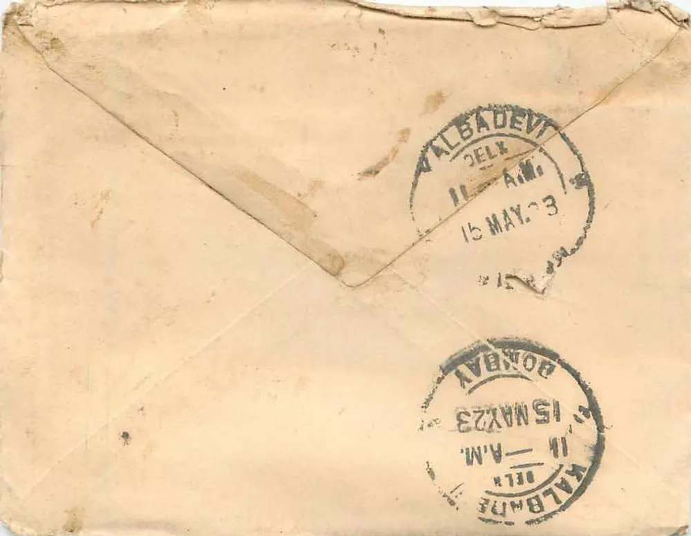 Bombay — carta para Delhi — selo de 1 anna e carimbo postal - Verso