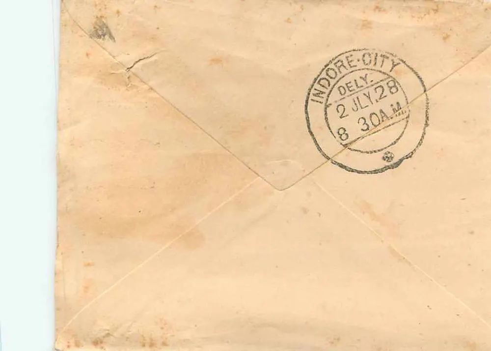 Cidade de Indore — carta para Bagatramamji Bachhraj — selo de 1 anna e carimbo de Indore - Verso