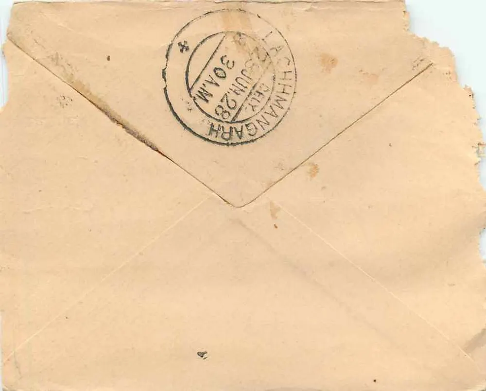 Chhanganagar — Letter to Ramnarendji Ramjiji, dated June 30, 1928 — British India stamp - Back