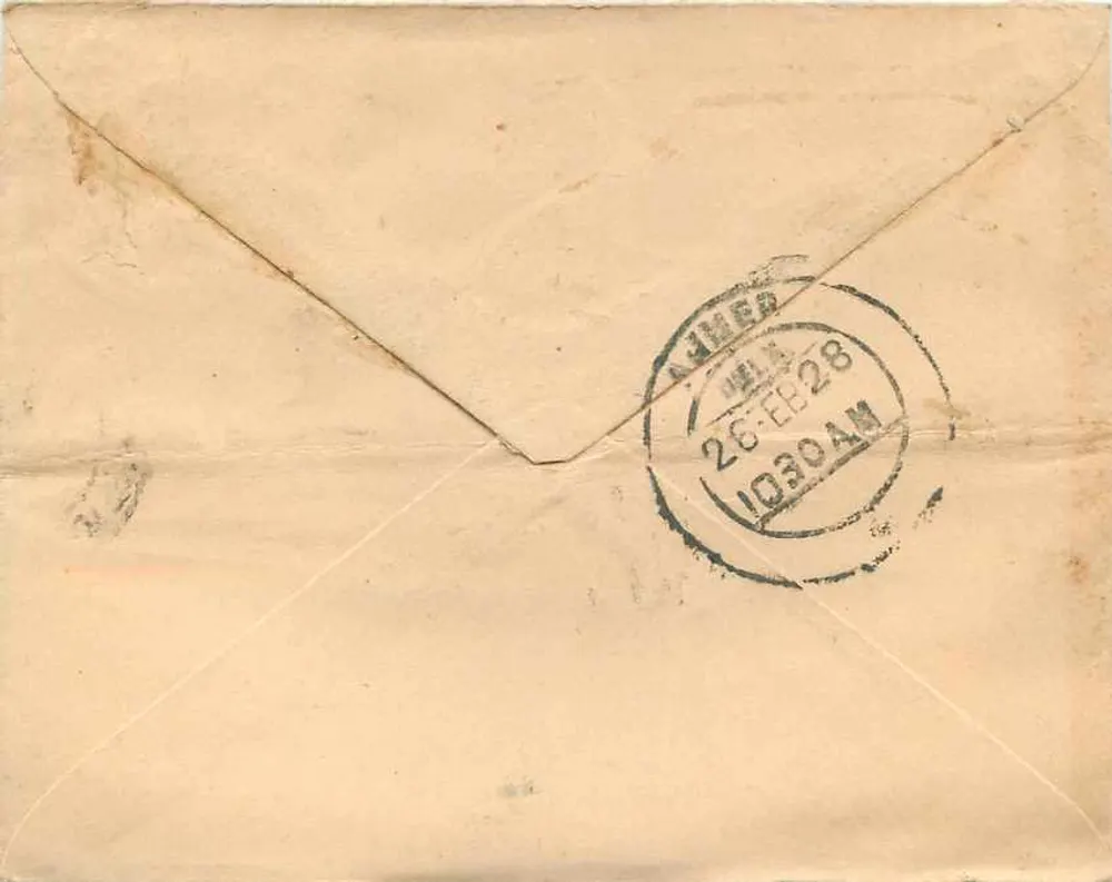 Carta postal indiana — selo indiano, 1 anna, carimbo Ajmer 26 fevereiro 1928 — texto em escrita devanagari - Verso