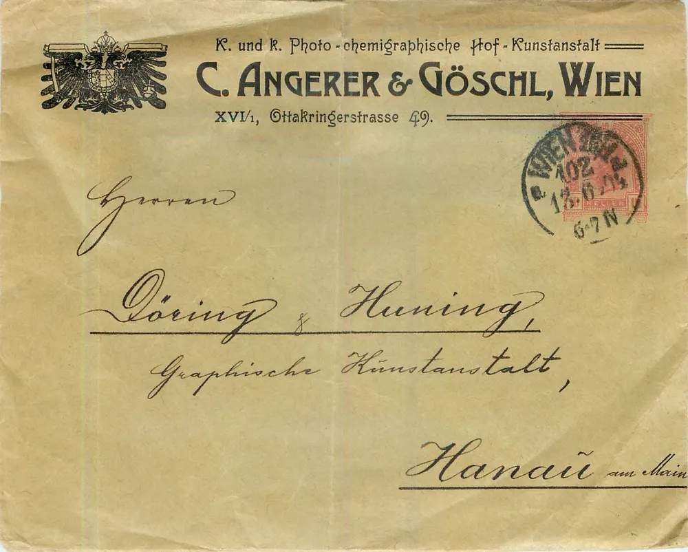 C. Angerer & Göschl, Wien — Photo-chemographische Hof-Kunstanstalt — Versand nach Hanau am Main - Vorderseite