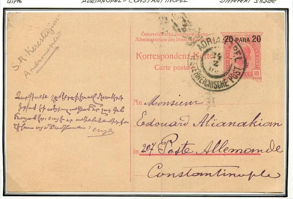 Adrianópolis - Constantinopla — carta postal austríaca com carimbo 20 para 20 — editor: Österreichische Postverwaltung - Frente