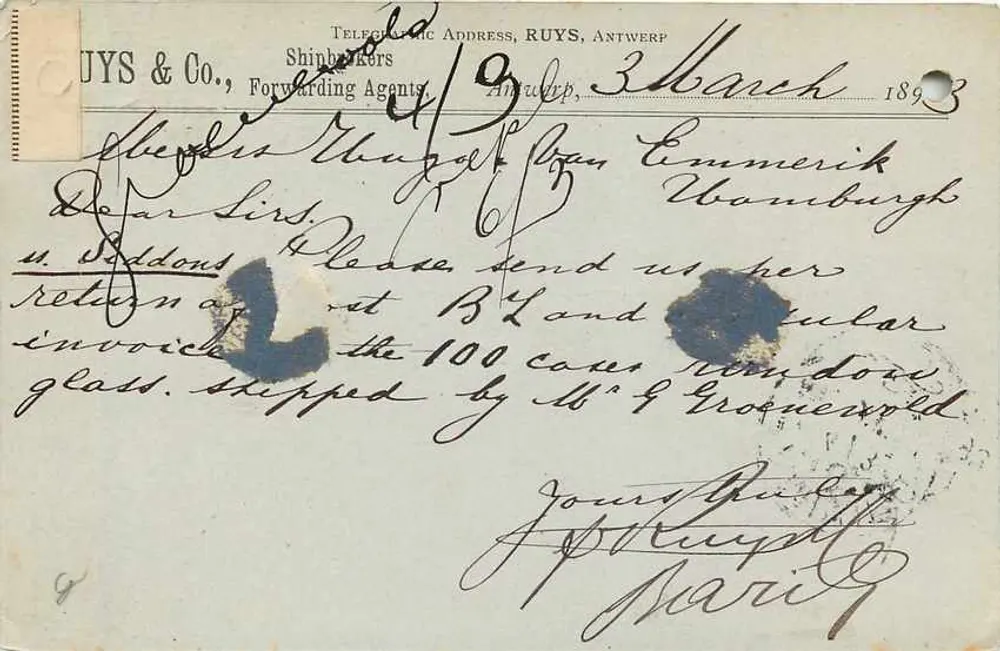 Hamburg — Belgian postcard dated March 3, 1893 — anonymous publisher - Back