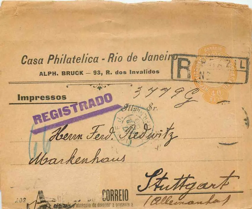 Cartolina filatelica - Rio de Janeiro a Stoccarda - Casa Philatélica - ALPH. BRUCK - Recto