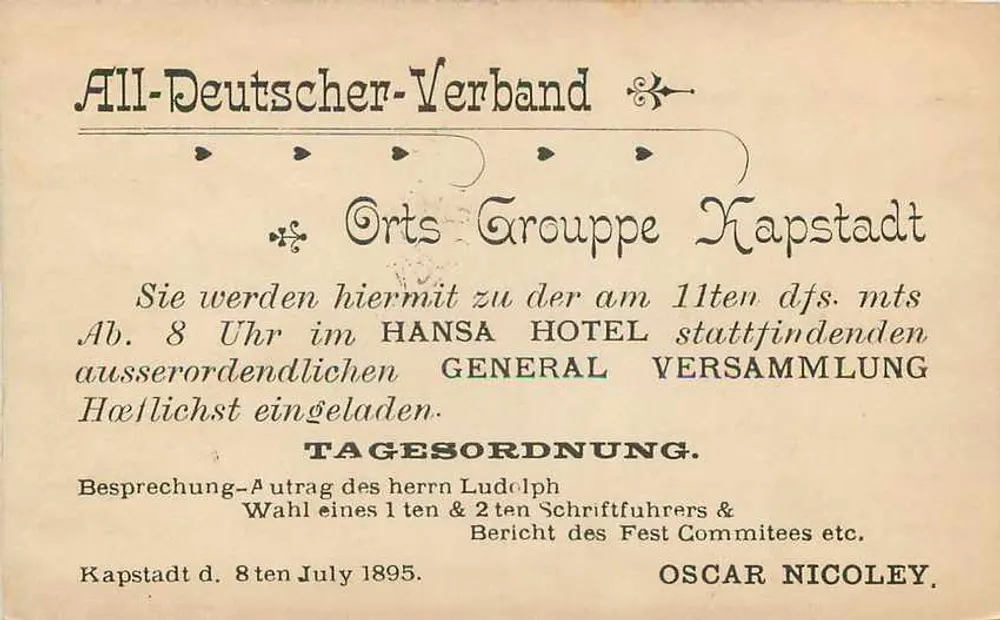 Kap der Guten Hoffnung — All-Deutscher-Verband Ortsgruppe Kapstadt — Verlag Oscar Nicoley - Rückseite