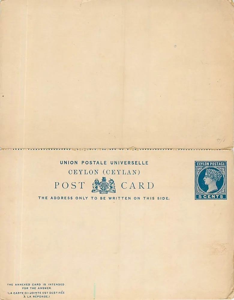 Carta postal de resposta da Ceilã — União Postal Universal — selo de 5 centavos - Frente