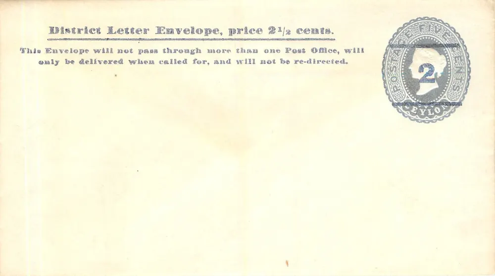 Envelope postal de distrito — Ceylon — selo de 2½ centavos - Frente