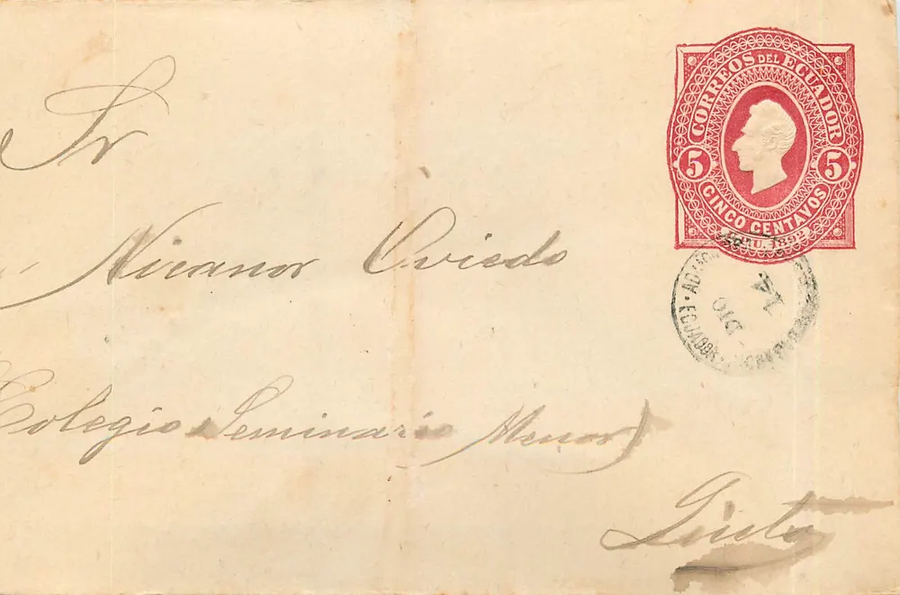 ईक्वेडोर के पोस्टकार्ड — 5 सेंटावोस के मुद्राचिन्ह 1892 — कॉलेज सेमिनारियो मेनोर के लिए - आगे