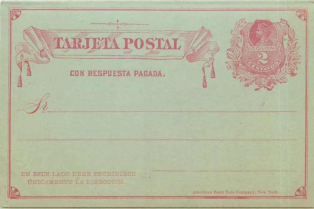 Antieke ansichtkaart met betaalde reactie — Republiek Chili — 2 cent — American Bank Note Company, New York - Voorkant