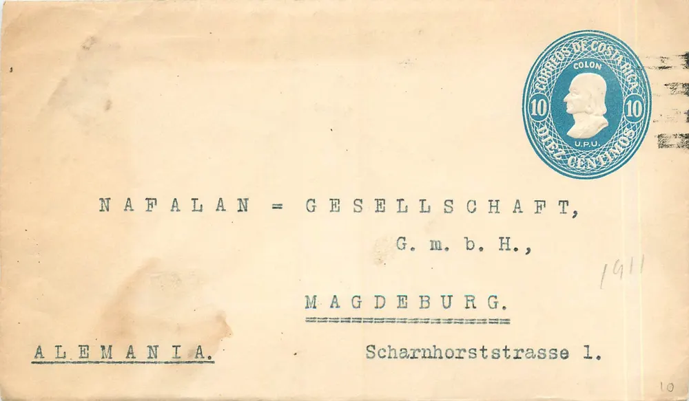 Nafalan = Gesellschaft, Magdeburg — timbre 10 centimos Costa Rica — 1911 - Recto