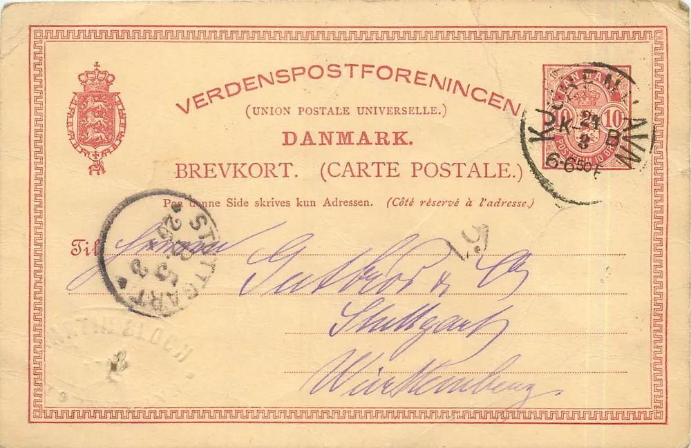 Carta postal da Dinamarca — Verdenspostforeningen — datada 27/4/1888 - Frente