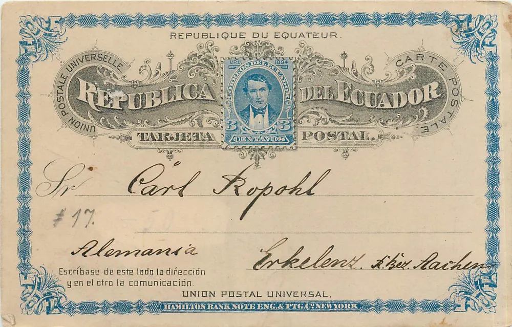 ईक्वेडोर गणराज्य — 1894 की पोस्टकार्ड — प्रकाशक हैमिल्टन बैंक नोट इंग। & पीटीजी। कं। न्यूयॉर्क - आगे