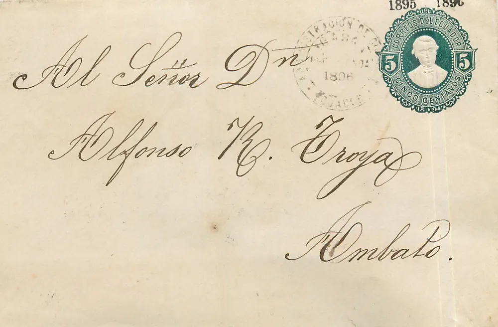 Equatorial postcard — 5 centavos stamp 1896 — addressed to Ambato - Front