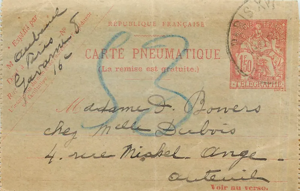 Carte pneumatique — République Française — éditeur anonyme, n° de série non visible - Recto