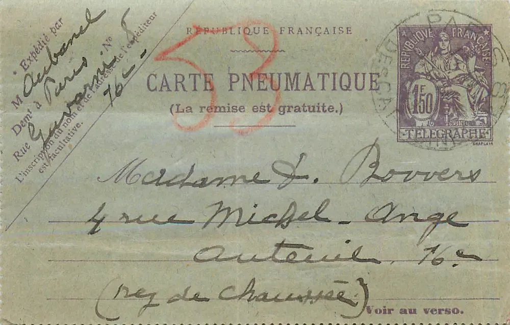 Carte pneumatique — Paris à Anteuiel — éditeur Télégraphe - Recto