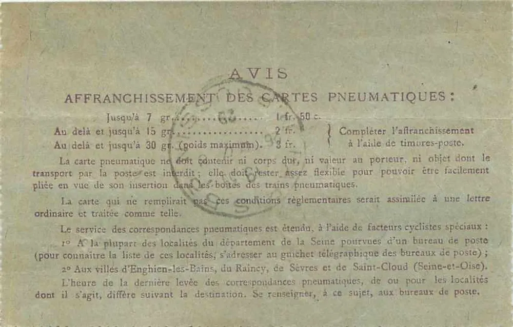Carte pneumatique — Paris à Anteuiel — éditeur Télégraphe - Verso