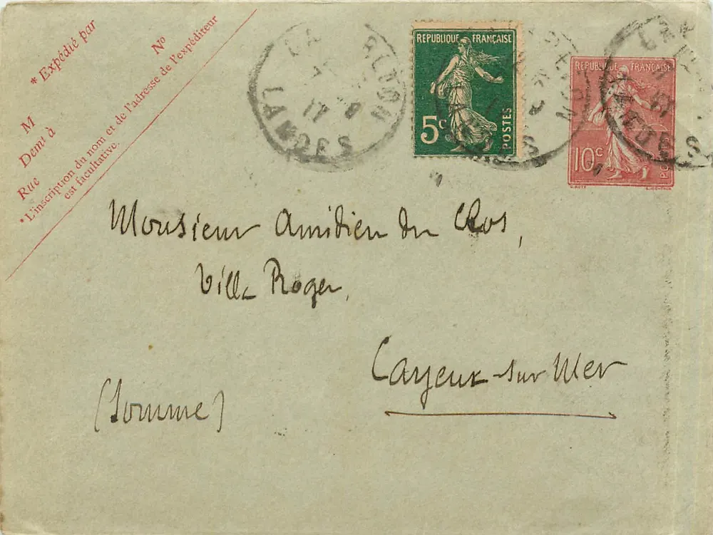 Carta postal expedida de LAMDES — selos de 5c e 10c, datação 'LAMDES 17-8' — destinada ao Sr. Amidien du Clos em Cayeux-sur-Mer - Frente