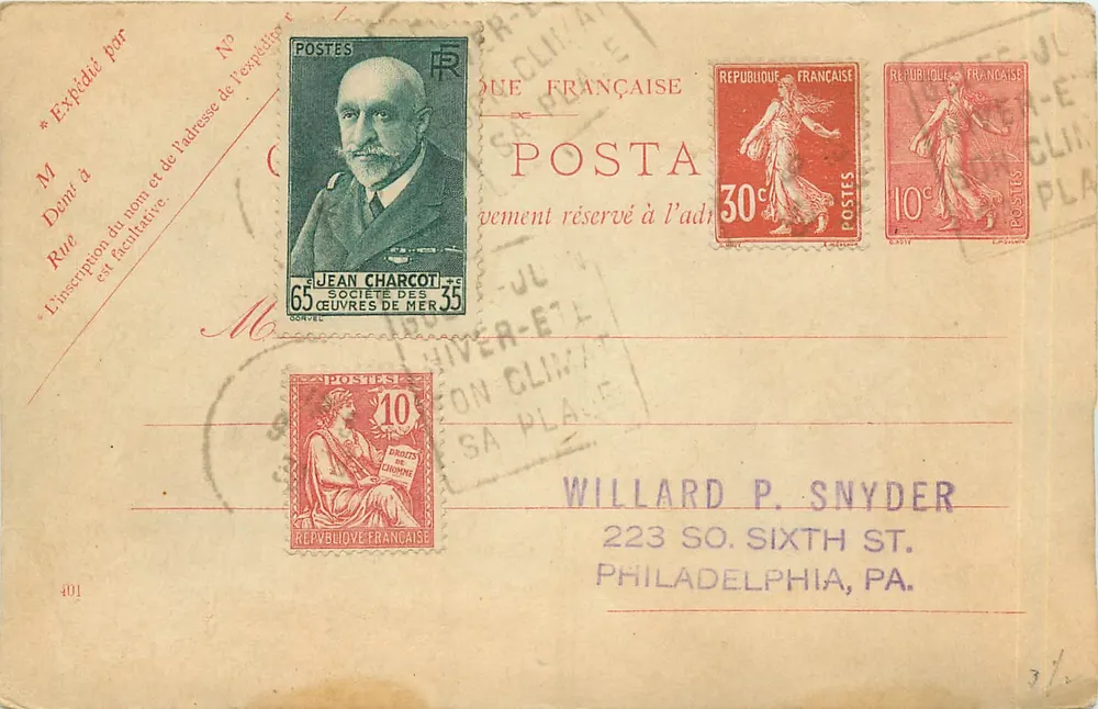 Carte postale expédiée de France — Jean Charcot — Société des œuvres de mer — timbres 30c et 10c — destinataire à Philadelphie, PA - Recto