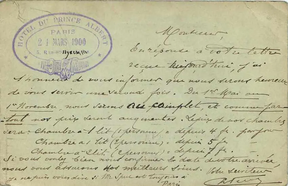 Paris — Hotel do Príncipe Albert — cartão postal de 1900 - Verso