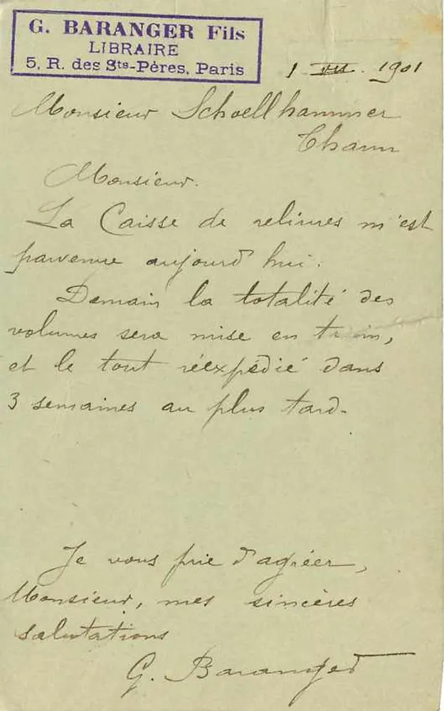 Paris — postcard with message from bookseller — G. Baranger Fils, Paris - Back