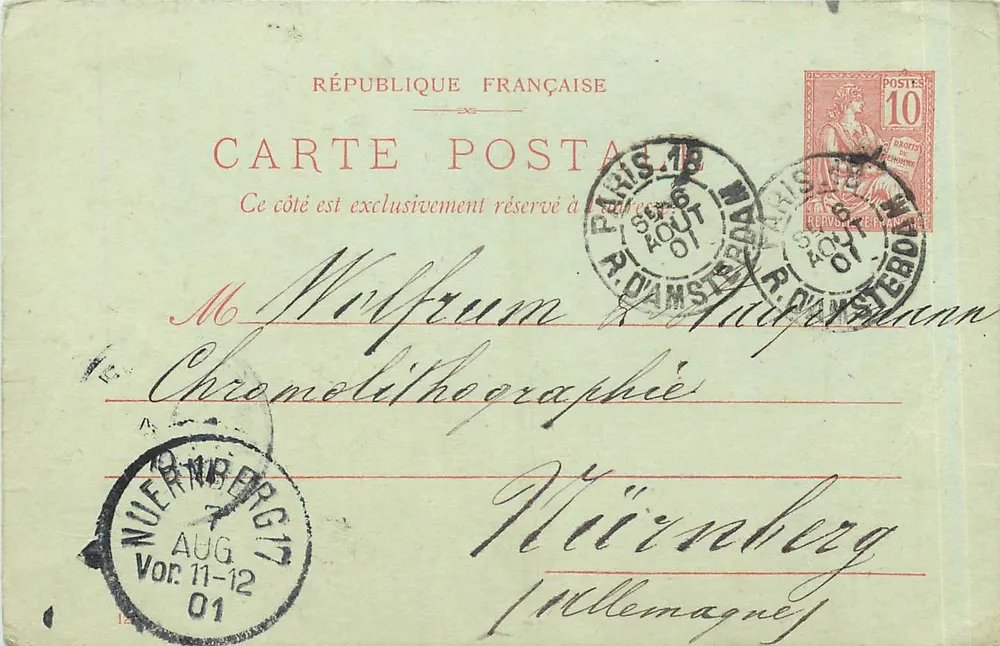 Parigi — Amsterdam — Norimberga — 1901 — Cartolina postale con timbro da 10 centesimi - Recto