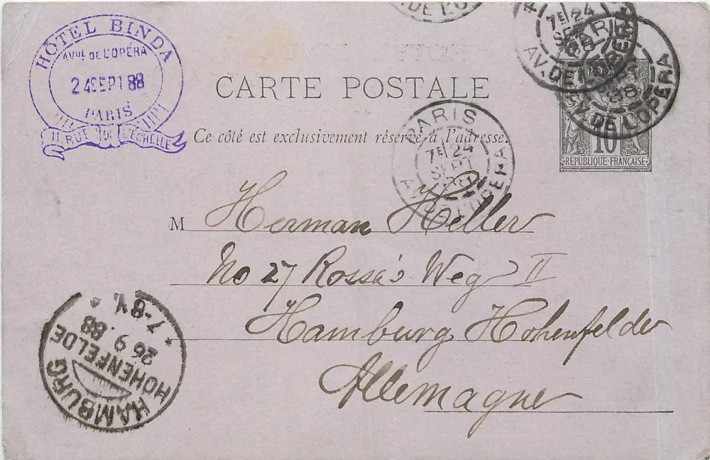 Hôtel Binda — Paris — éditeur et n° de série non lisibles - Recto