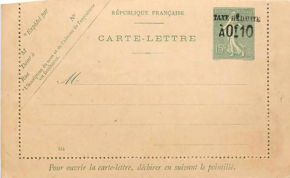 Carte-lettre française — modèle 1901 — timbre 15c républicain - Recto