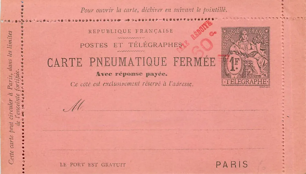 Carte pneumatique fermée — Paris — éditeur Paris - Recto
