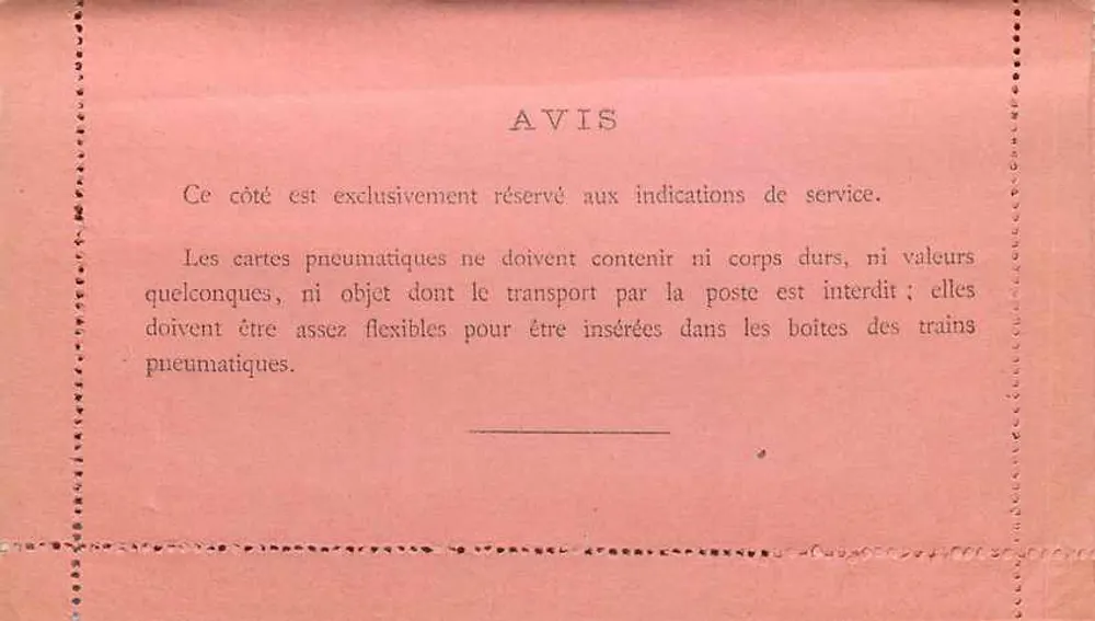 Carte pneumatique fermée — Paris — éditeur Paris - Verso