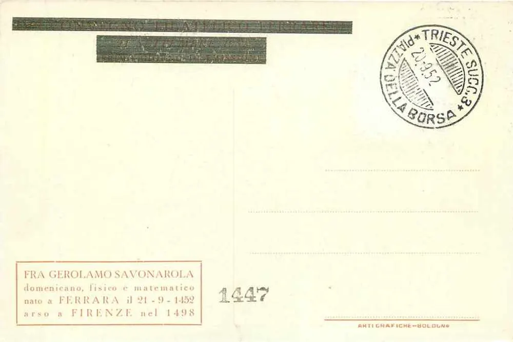 Fra Gerolamo Savonarola — 100. Todestag — Verleger Antigrafiche Boldone, Nr. 1447 - Rückseite