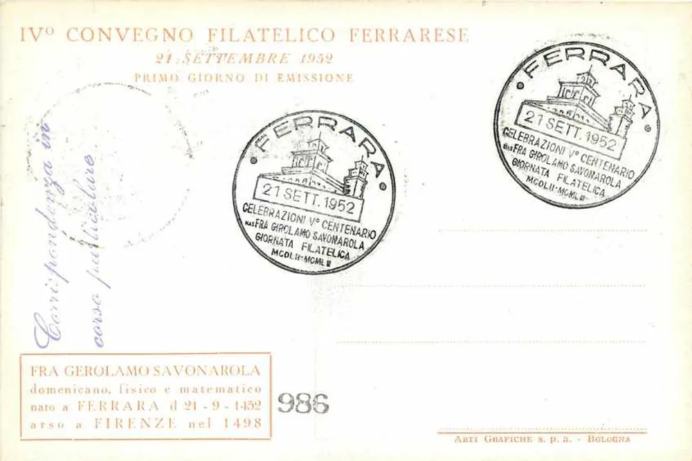 Fra Girolamo Savonarola — Centenar 1452-1952 — Philatellische Ausgabe Ferrarese - Rückseite