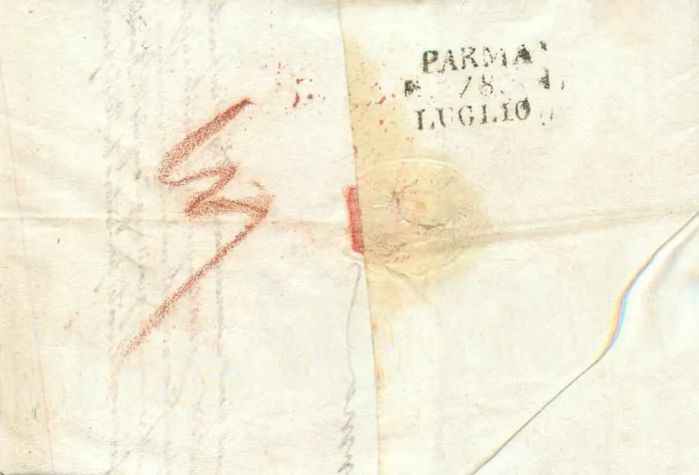 Trieste — Lettre à Parme — cachet postal de Trieste et date à Parme - Verso
