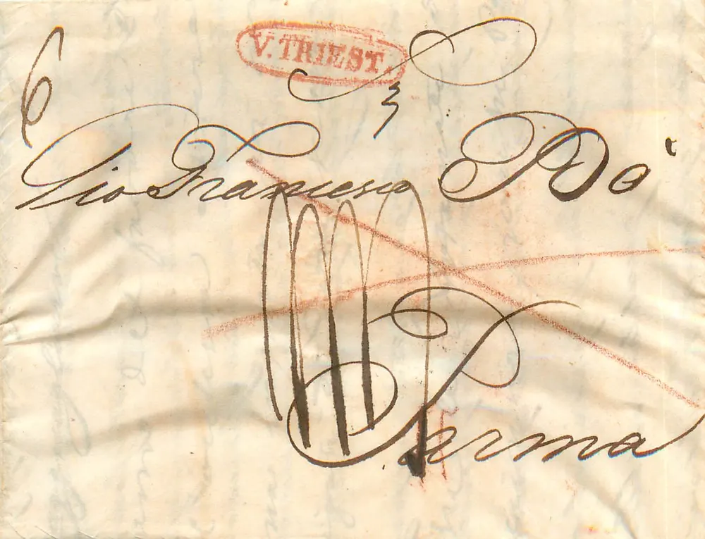 Trieste — Verso Trieste, destination Parme — timbre et oblitération - Recto