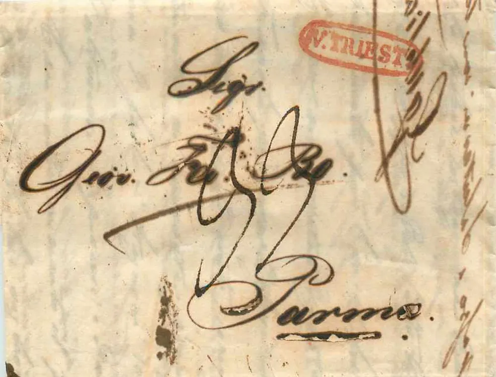 Trieste — correspondance manuscrite — cachet rouge 'V. TRIEST' et timbre postal 'ARMMA 31. GINN' - Recto