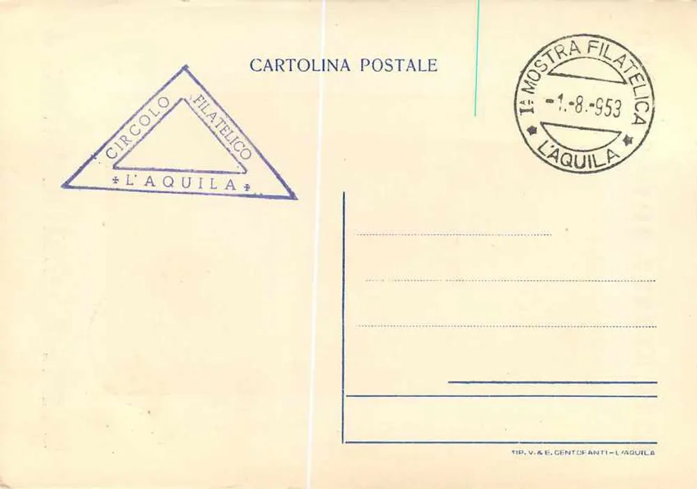1st Abruzzese Philatelic Exhibition — L'Aquila — edition by CIRCOLO FILATELICO L'AQUILA - Back