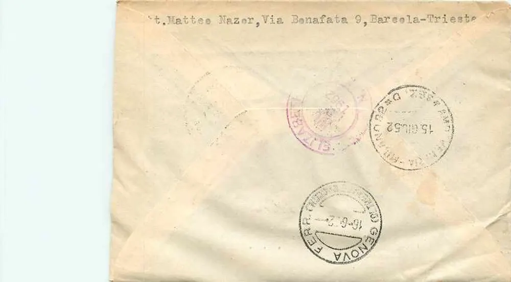 Trieste (Centro) — Brief an New Jersey — Verlag 'Stamppati' und italienische Briefmarken - Rückseite