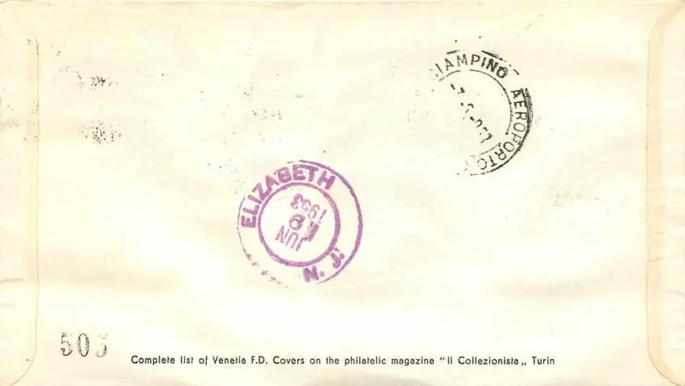 Italienische Briefmarkenserie — Erster Tag der Ausgabe — 6. Juni 1963 — Verleger via-Aerea - Rückseite