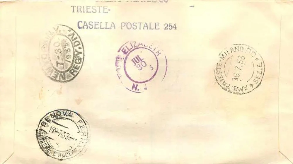 Trieste — Erster Tag der Ausgabe italienischer Landwirtschaftsstempel — 16.7.1953 — Verlag E.A. Roma, Seriennummer 53 - Rückseite