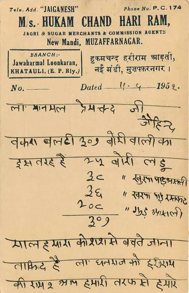 Muzaffarnagar — carta postal comercial — M/s. Hukam Chand Hari Ram - Verso