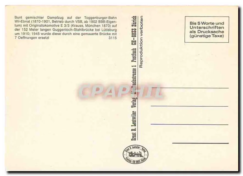Ponte presso Lütisburg — Toggenburger-Bahn — editore Ernst B. Lautwiler, n° 10647 - Verso