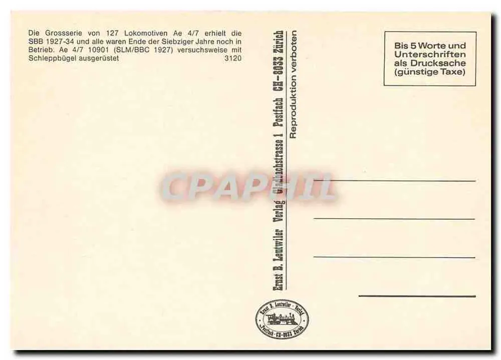 Lokomotive Ae 4/7 — Série 127 — Ernst & Lenzwiler Verlag, Zurich - Verso