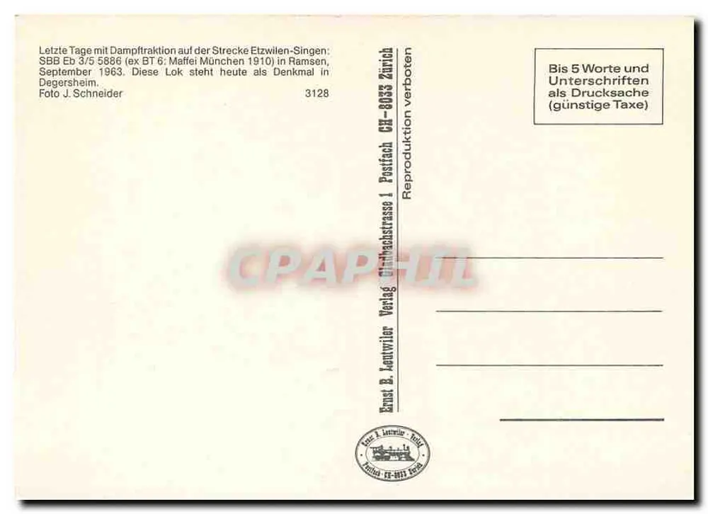 Dernières journées de la traction à vapeur sur la ligne Etzwilen-Singen — SBB Eb 3/5 5886 (ex BT 6: Maffei München 1910) à Degersheim — Ernst B. Lautwiler Verlag - Verso